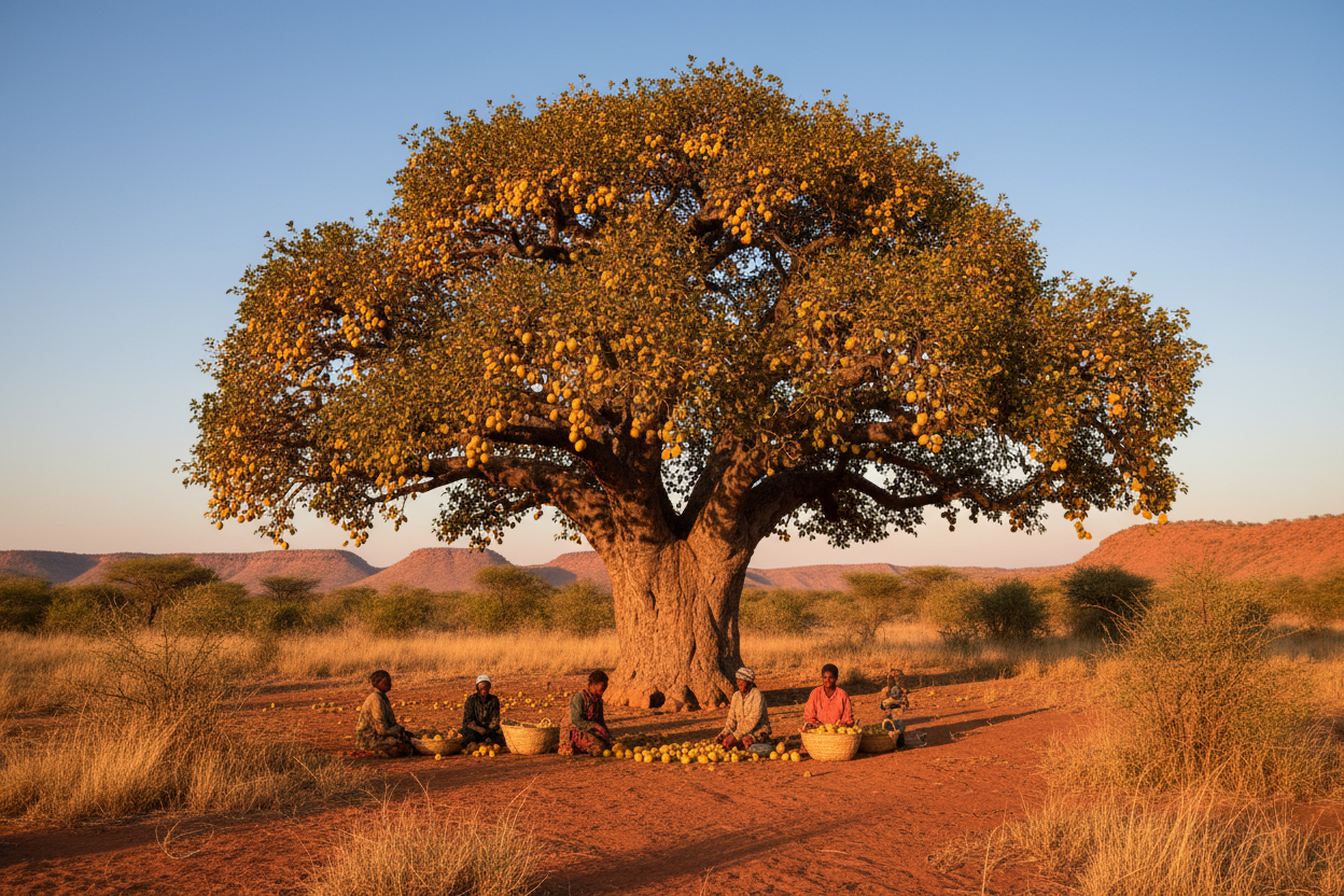 a marula tree in the wildernis of Namibia. A perfect photo that show the tree and fruits some people sitting under the tree collecting fruits