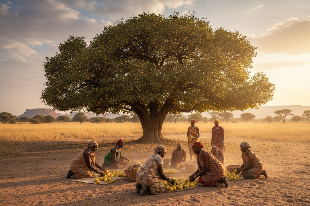 Women collecting marula tree fruits under a marula tree in the namibian wilderness